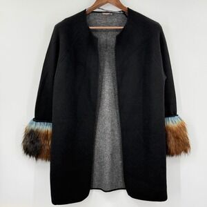 J.McLaughlin Black Cashmere Wool Cardigan Sweater Coat M Removable Faux Fur Cuff